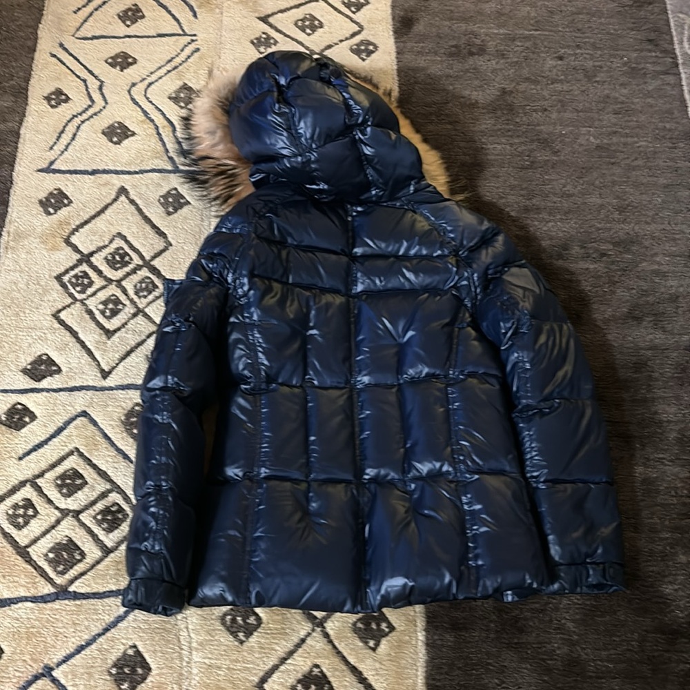 SAM. Shiny Navy Puffer Jacket with Faux Fur Hood - Picture 4 of 7